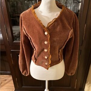POL Light Brown Corduroy Ballon Sleeve Crop Jacket with gold threading Size S